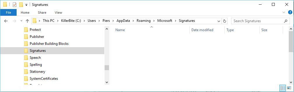 Empty outlook signature folder