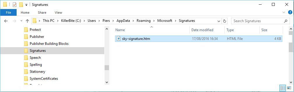 Outlook signature folder containing the new signature file