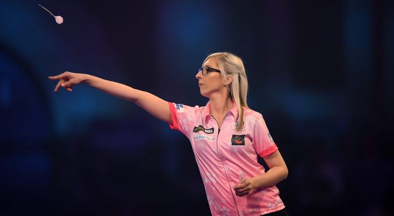 LONDON, ENGLAND - DECEMBER 17:  Fallon Sherrock in action during her 1st round game against Ted Evetts during Day 5 of the 2020 William Hill Darts Championship  at Alexandra Palace on December 17, 2019 in London, England. (Photo by Alex Davidson/Getty Images)
