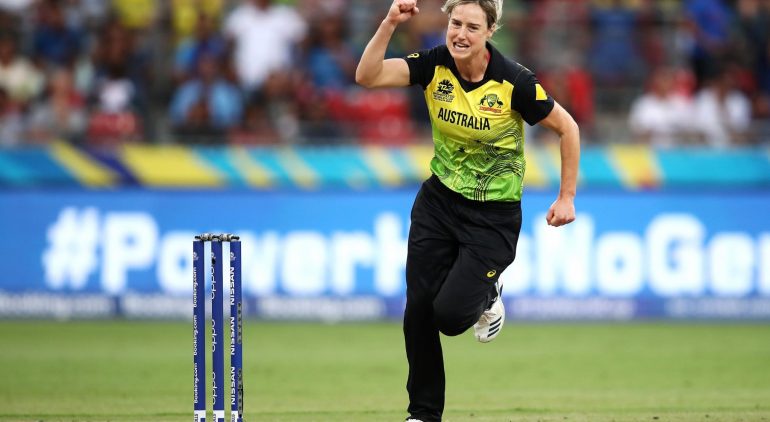 SYDNEY, AUSTRALIA - FEBRUARY 21: Ellyse Perry of Australia celebrates dismissing Shafali Verma of India during the ICC Women's T20 Cricket World Cup match between Australia and India at GIANTS Stadium on February 21, 2020 in Sydney, Australia. (Photo by Cameron Spencer/Getty Images)