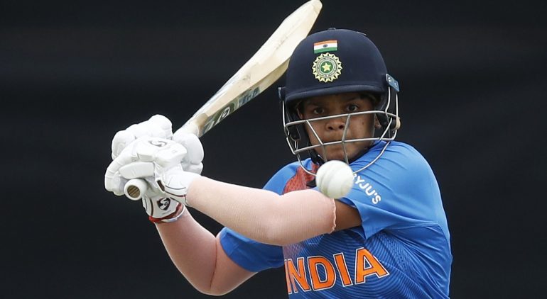 MELBOURNE, AUSTRALIA - FEBRUARY 27: Shafali Verma of India bats during the ICC Women's T20 Cricket World Cup match between India and New Zealand at Junction Oval on February 27, 2020 in Melbourne, Australia. (Photo by Daniel Pockett/Getty Images)