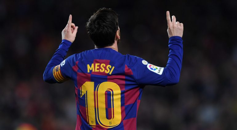 BARCELONA, SPAIN - MARCH 07: Lionel Messi of FC Barcelona celebrates after scoring his team's first goal  during the La Liga match between FC Barcelona and Real Sociedad at Camp Nou on March 07, 2020 in Barcelona, Spain. (Photo by Alex Caparros/Getty Images)