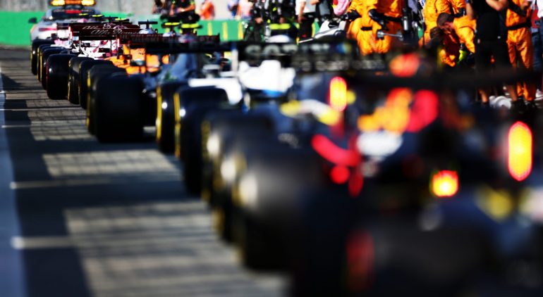 MONZA, ITALY - SEPTEMBER 06: Cars line up in the Pitlane before the restart during the F1 Grand Prix of Italy at Autodromo di Monza on September 06, 2020 in Monza, Italy. (Photo by Peter Fox/Getty Images)