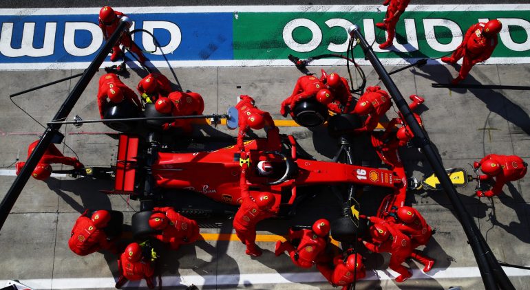 MONZA, ITALY - SEPTEMBER 06: Charles Leclerc of Monaco driving the (16) Scuderia Ferrari SF1000 comes in for a tyre change during the F1 Grand Prix of Italy at Autodromo di Monza on September 06, 2020 in Monza, Italy. (Photo by Mark Thompson/Getty Images)