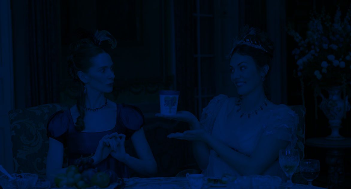 Tinted image of two ladies acting in the here we flo TV ad